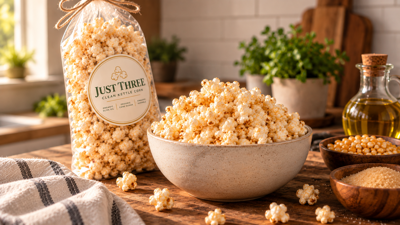 A bag of Just Three kettle corn beside a full bowl, with olive oil, cane sugar, and popcorn kernels on a sunlit kitchen counter
